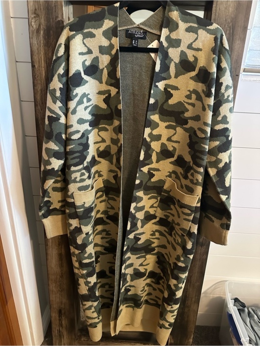 Attitudes by Renee Camo Long Open Front Duster Cardigan Size Medium winter Fall